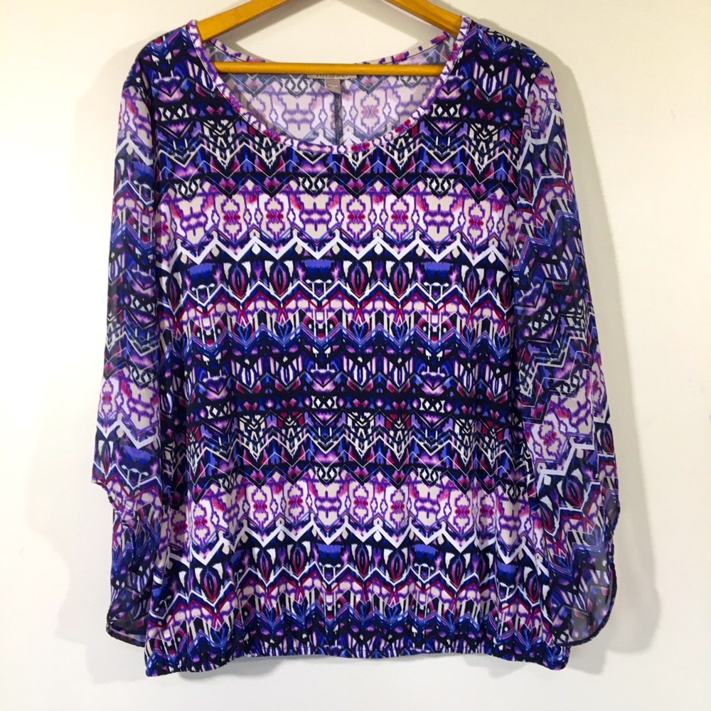 Roz & Ali‎ Geometric Print Ballon Hem Popover Top